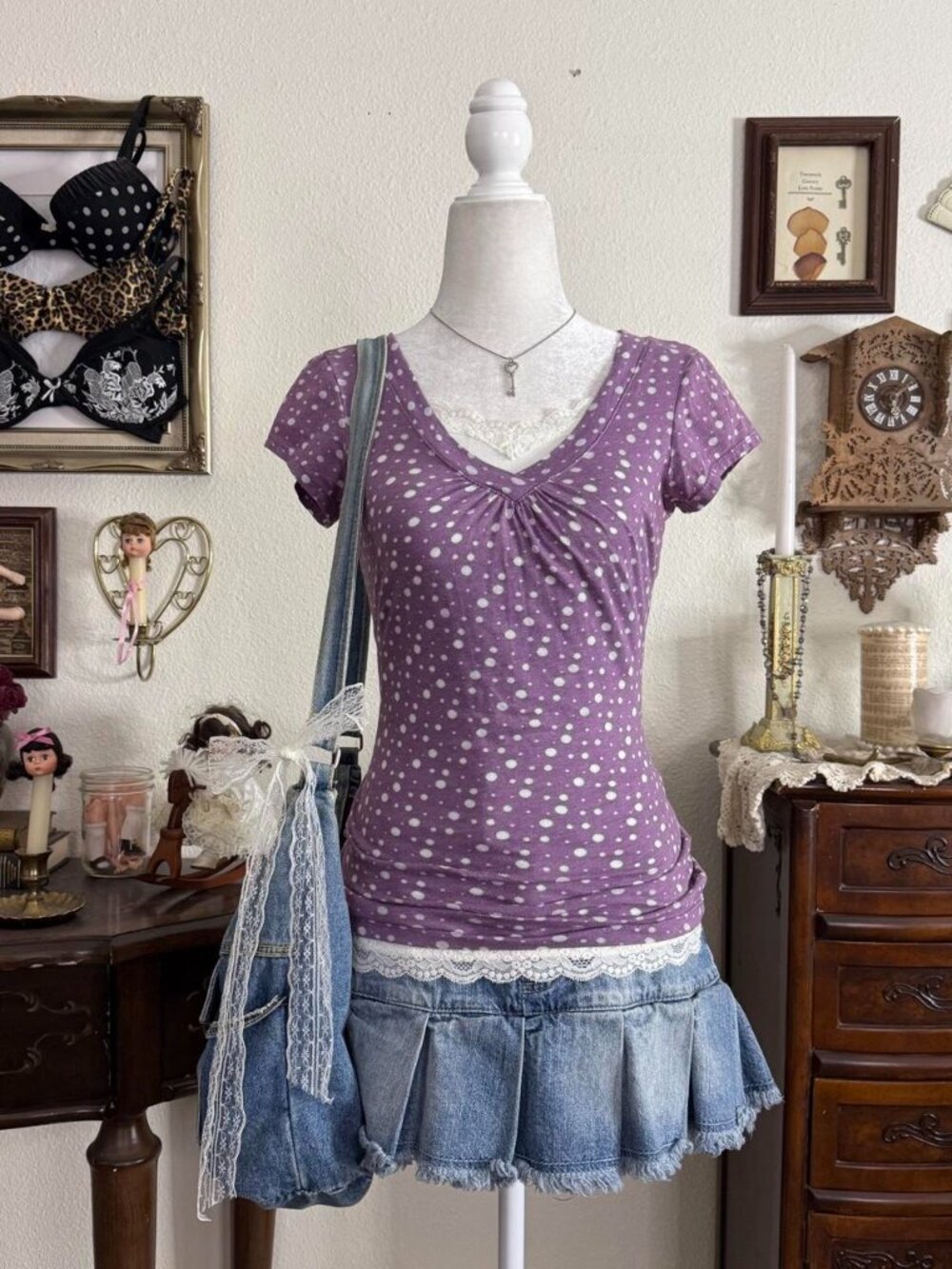 Twee girly grunge lavender purple quirky v neck top